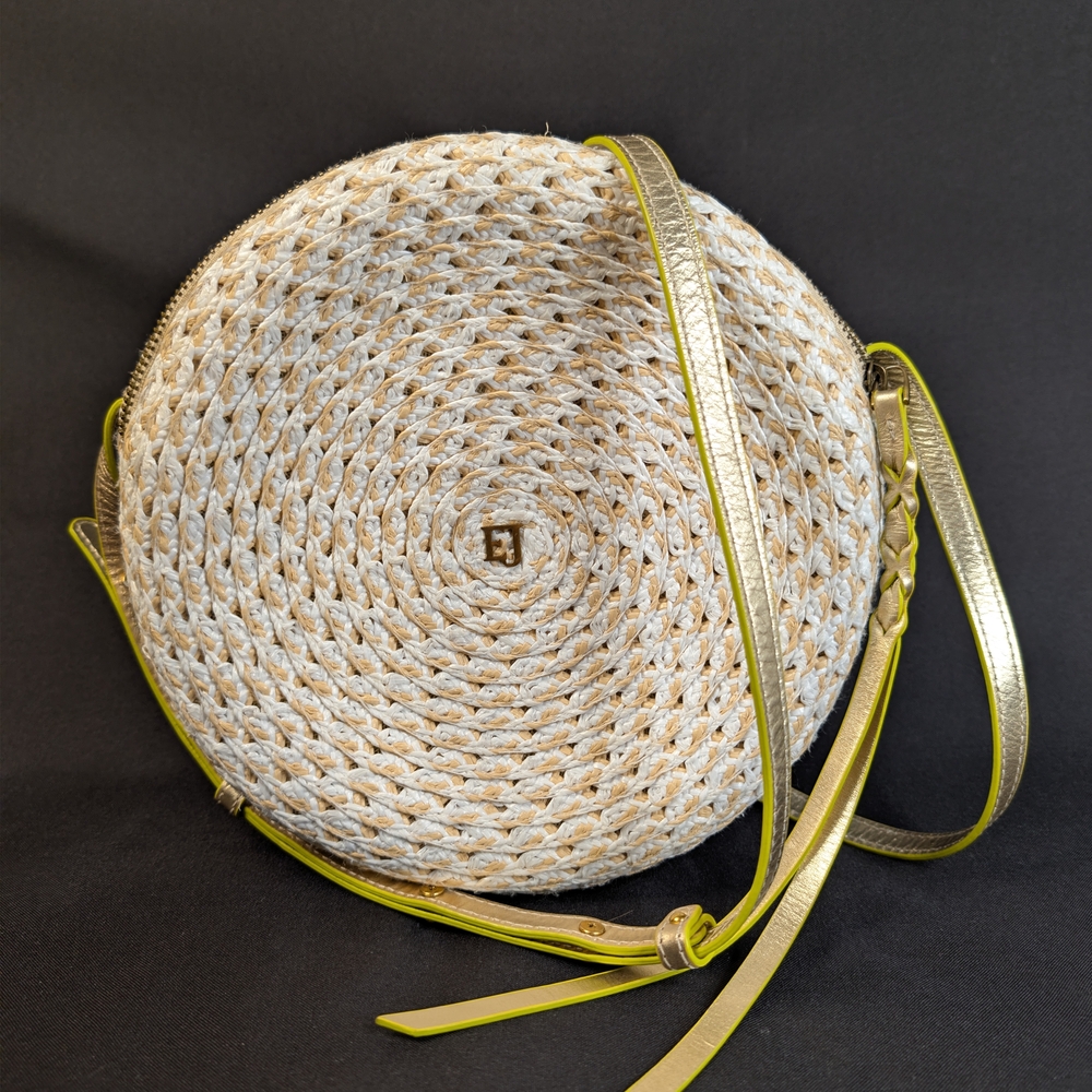 Eric Javits Lil Squishee Bali Circle Crossbody Bag Cream Gold Lime Woven Women’s